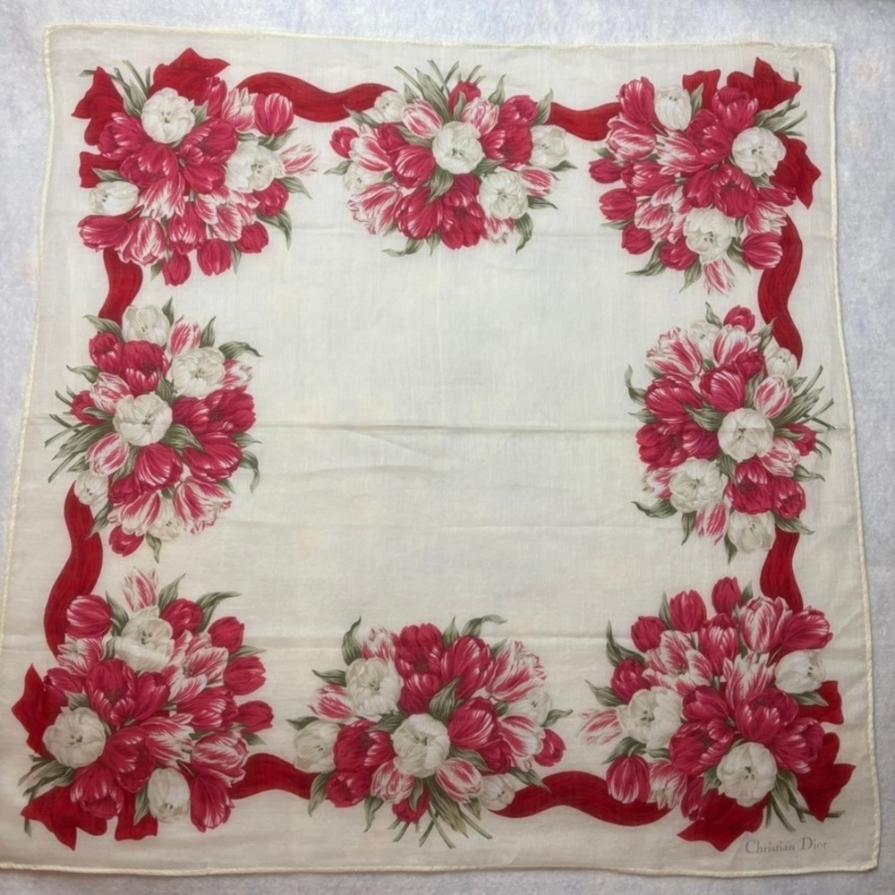 Vtg CHRISTIAN DIOR Scarf Handkerchief Tulip Floral Cotton Red White 18x18